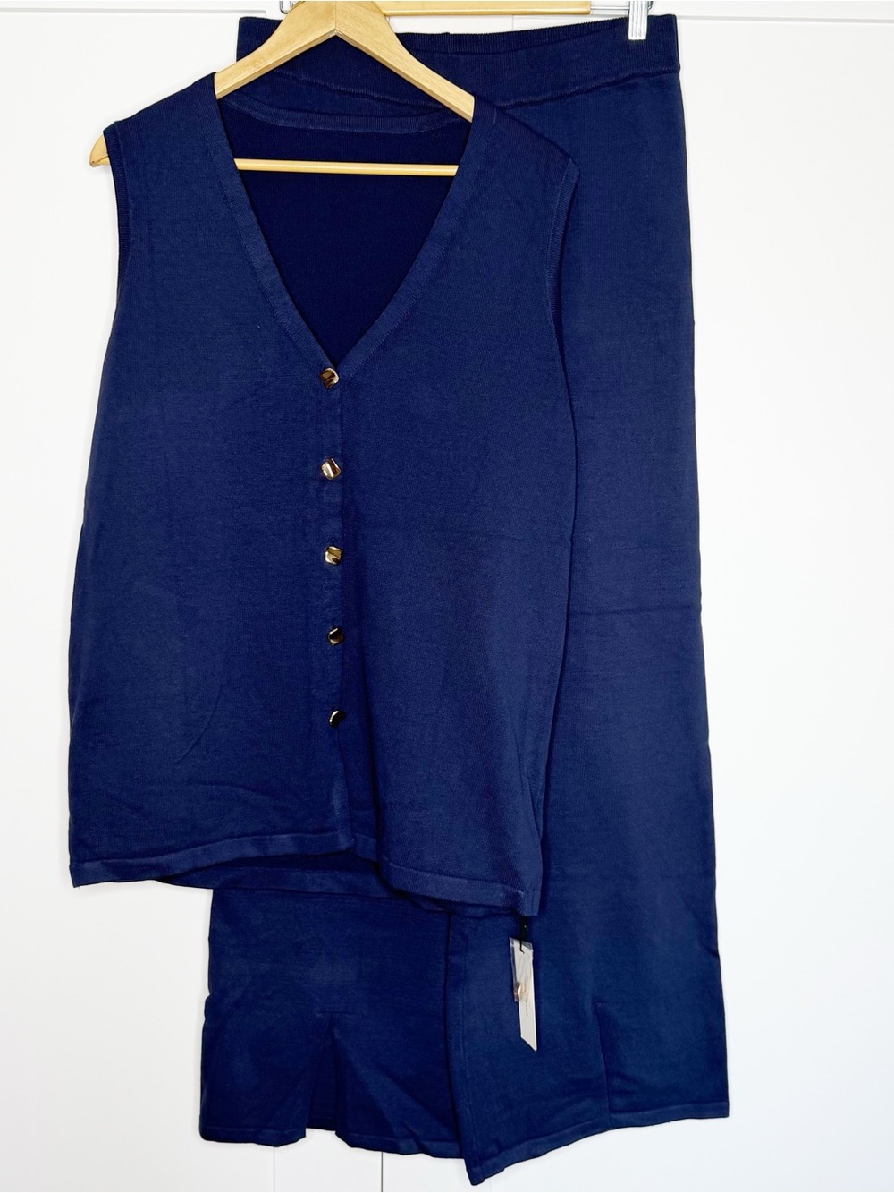 COMMENSE Golden Button Knit Vest Pants Set XL navy wide leg sleeveless high rise - Picture 5 of 16